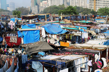 Fototapeta na wymiar View of Mumbai's Open air laundromat-Dhobighat,Mahalaxmi,Mumbai,India