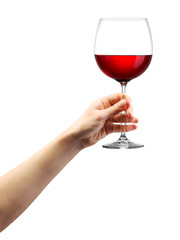 Woman hand holding red wine glass isolated on white.