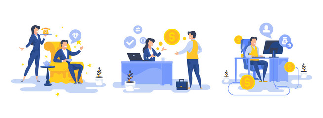 Flat people working with finances set of vector illustrations of cartoon characters