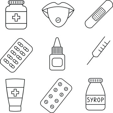 
a set of 9 icons (tablets, capsules, spray, drops, injection, patch, syrup) on the theme "dosage forms and pharmaceuticals". black vector graphics