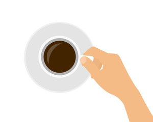 Flat design cartoon illustration of a female or male hand holding a cup of coffee or hot chocolate. Isolated on white background, vector