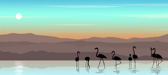Fototapeten Schöne Landschaft mit Sonnenuntergang. Vektorillustration der Meereslandschaft mit Flamingos. © Irina