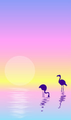 Beautiful landscape with sunset.Vector illustration of seascape with flamingos.