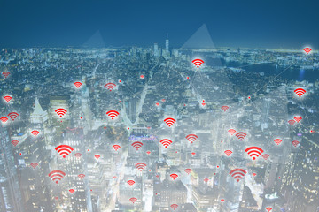 Wireless network impact in a city map abstract concept with skyscrapers and lots of connections ranges across buildings