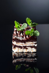 Delicious chocolate cake with mint on a reflective background.