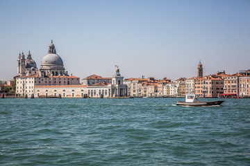 Fototapeta na wymiar View of Venice and the Venetian lagoon from the bell tower of the Basilica of San Giorgio Maggiore. Venice, Veneto, Italy
