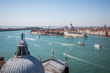 View of Venice and the Venetian lagoon from the bell tower of the Basilica of San Giorgio Maggiore. Venice, Veneto, Italy © Ilia Baksheev