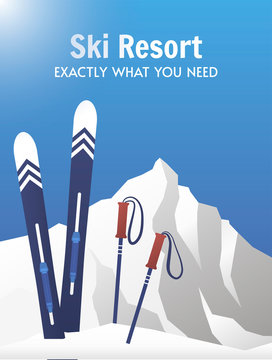 Vector image of ski equipment and snowy mountains on the background. Flat illustration. Ski Resort poster. Blue and white colors.