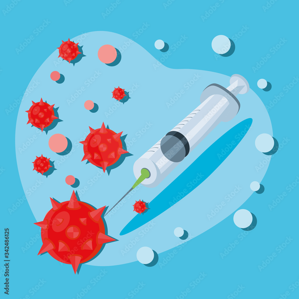 Poster infographic with medical syringe, coronavirus infection