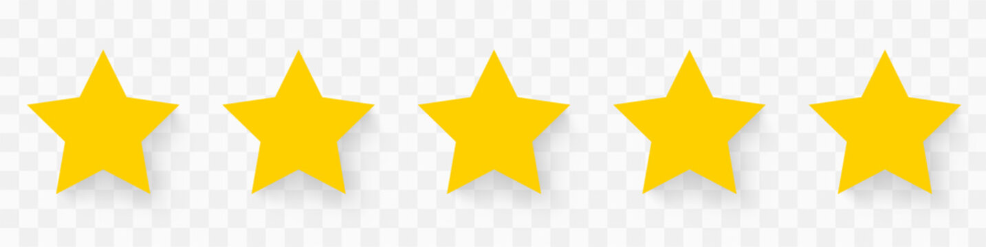 5 gold stars quality rating icon. Five yellow star product quality rating. Golden star vector icons. Stars in modern simple with shadow - stock vector.