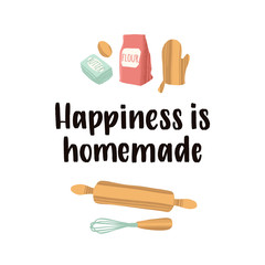 Hand drawn kitchen tools and healthy food with handwritten lettering cooking quote.