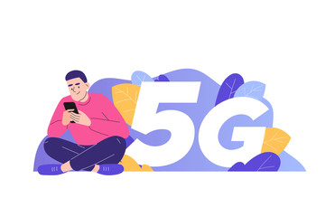 5G network wireless technology concept. Young happy man sitting near big 5G sign and using smartphone gadget. High-speed mobile internet connection. Innovation. Isolated vector, web illustration