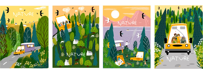 Set of illustrations with nature. Vector cute pictures with car, dad, mom, children, nature, for cards, print, books, banners