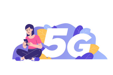 5G network wireless technology concept. Young happy woman sitting near big 5G sign and using smartphone gadget. High-speed mobile internet connection. Innovation. Isolated vector, web illustration