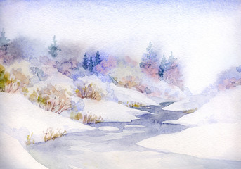 Watercolor landscape. Forest on the hills above the river