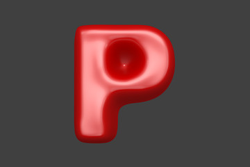 Red plastic font - letter P isolated on grey background, 3D illustration of symbols