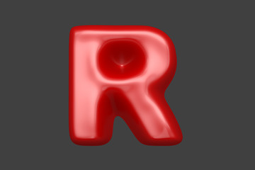 Red soft plastic font - letter R isolated on grey background, 3D illustration of symbols