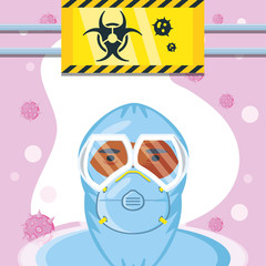 man in protective suit, biohazard sign coronavirus infection