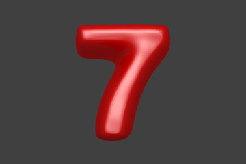 Red soft plastic alphabet - number 7 isolated on grey background, 3D illustration of symbols
