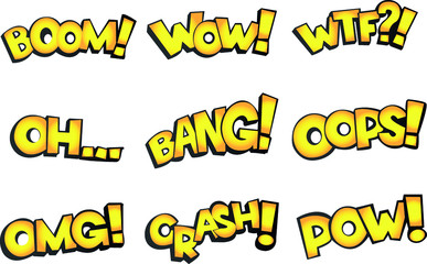 Vector comic text Boom, Wow, WTF, Oh, Bang, Oops, Pow, OMG, Crash. Comic cartoon sound bubble speech set on transparent background.