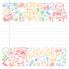 Fototapeta na wymiar Online english school for children. Learn language. Education vector illustration. Kids drawing doodle style image.