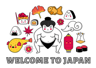 Travel to Japan. Concept for tshirt, print, poster, wall art, postcard and banner. Sumo wrestler, puffer fish, tayaki, sushi and taiyaki fish. Cartoon vector illustrations