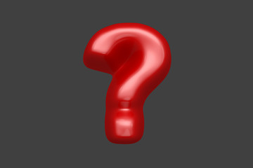 Red plastic font - question mark isolated on grey background, 3D illustration of symbols