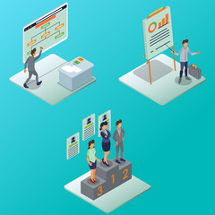 Vector Flat Illustration Representing the Flow of Marketing Staff Business Process Including Job Distribution, Strategy Presentation, and Achievement