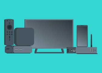 Vector Flat Illustration Representing a Set of Electronic Items Consisting of Televisions, Smartphone, Receiver, Remote Controller, and Media player