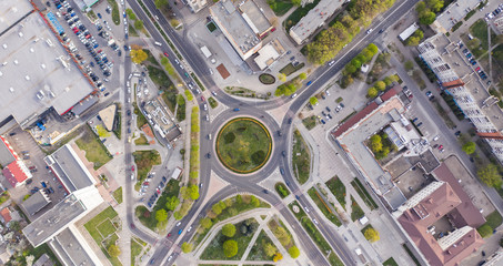 Aerial veiw on roundabout on the cross of Chornovola and Lypynskogo Str. from drone