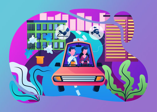 Vector Flat Illustration Representing a Driving Car Training Activity Carried Out By a Woman and an Instructor on a Road in a City