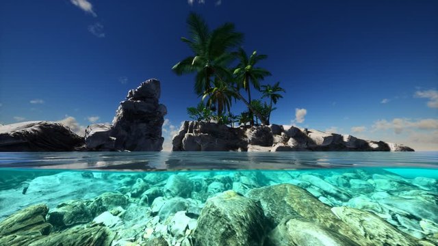 Split view cross section of sea water and palm trees on Island. Rocks underwater in transparent clear water, cloudy sky above