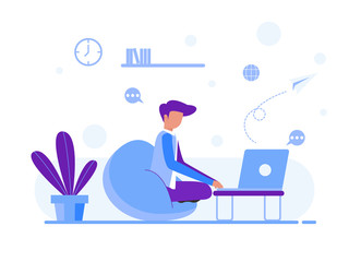 Work at home, illustrate the concept. Young people, casual workers who work with laptops and computers at home. Vector illustration of flat style