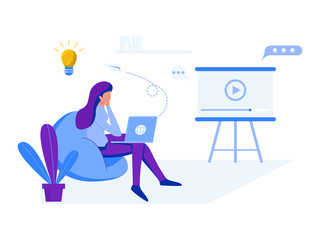 Work at home, illustrate the concept. Young people, casual workers who work with laptops and computers at home. Vector illustration of flat style