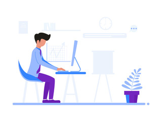 Work at home, illustrate the concept. Young people, casual workers who work with laptops and computers at home. Vector illustration of flat style