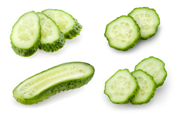 Cucumbers isolated. Cucumber half, slice, piece. Cucumber on white. Vegetable set.