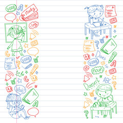 Online english school for children. Learn language. Education vector illustration. Kids drawing doodle style image.