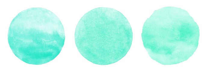 Mint green, sea foam, aqua color watercolor circle shapes set. Hand drawn round backgrounds collection with watercolour stains. Text frame,  painted texture. Sea, swimming pool, ocean water template. © Elena Panevkina