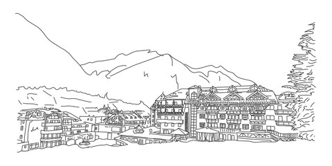 Ischgl empty ski resort, beautiful panorama sketch