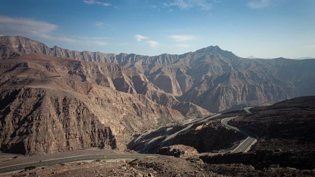 Jebel Jais Mountain landscape moving clouds in Ras al Khaimah, UAE