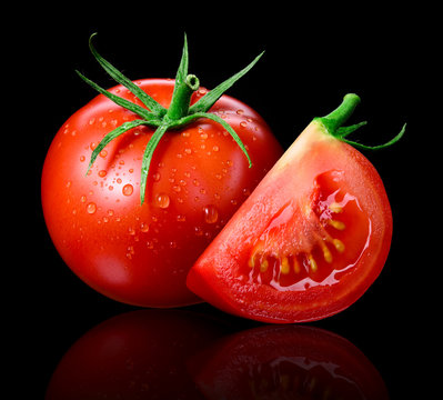 Tomato Isolated. Tomato With Drops On Black. Tomato Whole And Slice Side View. Wet Tomato Black Background.