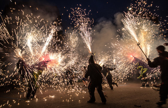 Correfuegos Catal&aacute;n. Fire run dance in Catalonia. Correfoc