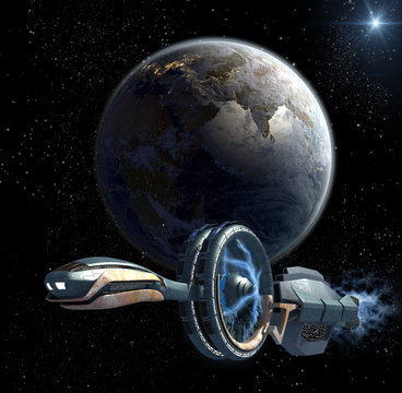 Detailed military spaceship near Earth