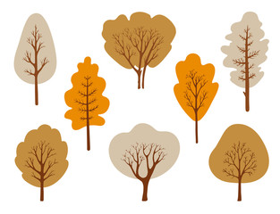 Set of simple decorative trees. Elements for forest autumn landscapes. Vector flat illustration.