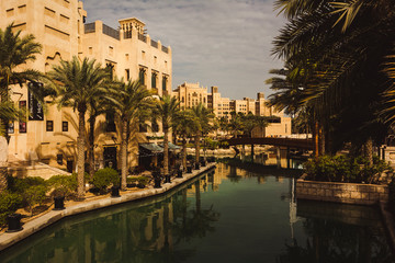  "Souk Madinat Jumeirah" in Dubai. Mall of traditional Arab architecture. Beautiful place for tourism.