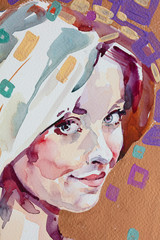 watercolor painting, female portrait, handmade   