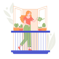 Obraz na płótnie Canvas Cute girl watering a flower on the balcony. Hobbies and gardening. Vector flat illustration.