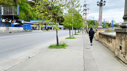 Naklejka premium TBILISI, GEORGIA - APRIL 21, 2020: Empty Tbilisi, Street is normally gridlocked with shoppers and traffic.