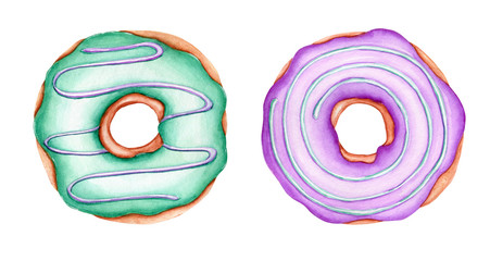 Set of Watercolor donuts. Bright Sweets for Birthday postcard, Greeting card. Dessert for holiday and party. Hand drawn illustration. Artistic design with food  for cafe. Freehand drawing