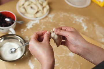 Cooking homemade dumplings with blueberry, female hands sculpting dumpling closeup.